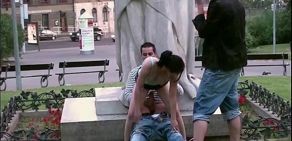  Young cute teen girl public street sex gang bang threesome by a famous statue